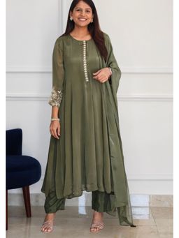 Pink Tree - Olive Silk Embroidered Anarkali with Pant and Dupatta