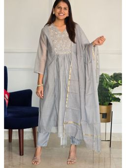 Pink Tree - Grey Mul Embroidered Kurta with Pant and Dupatta