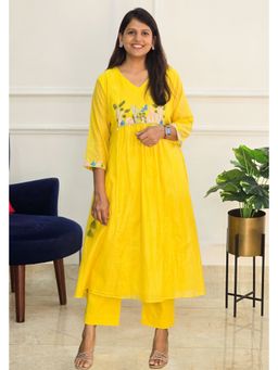 Pink Tree - Yellow Chanderi Embroidered Anarkali with Pant