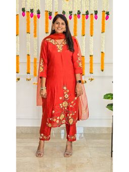 Pink Tree - Orange Silk Embroidered Kurta with Pant and Dupatta