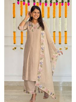 Pink Tree - Beige Silk Embroidered Kurta with Palazzo and Dupatta