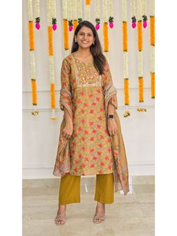 Pink Tree - Mustard Chanderi Printed Kurta with Pant and Dupatta