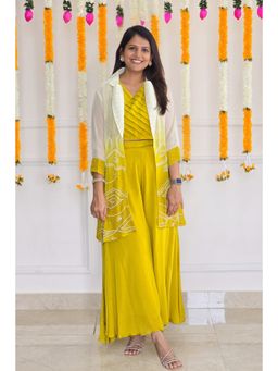 Pink Tree - Yellow Chinon Thread Work Crop Top with Jacket and Palazzo