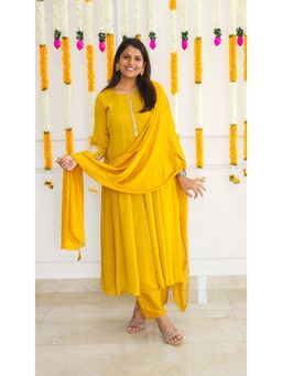 Pink Tree - Yellow Chinon Embellished/Sequined Anarkali with Pant and Dupatta