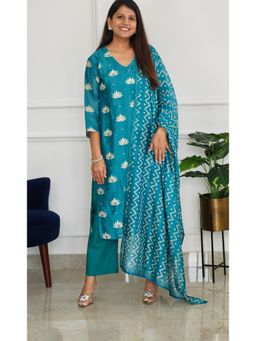 Pink Tree - Blue Chanderi Printed Kurta with Pant and Dupatta