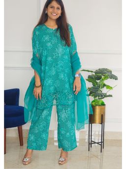 Pink Tree - Turquoise Muslin Printed Kurta with Pant and Dupatta