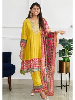 Pink Tree - Yellow Silk Embellished/Sequined Anarkali with Pant and Dupatta