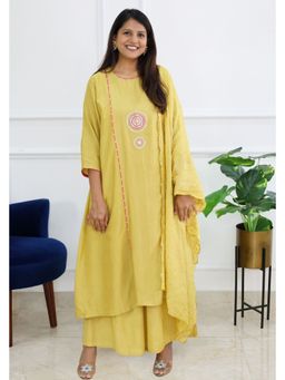 Pink Tree - Mustard Silk Mirror Work Kurta with Palazzo and Dupatta