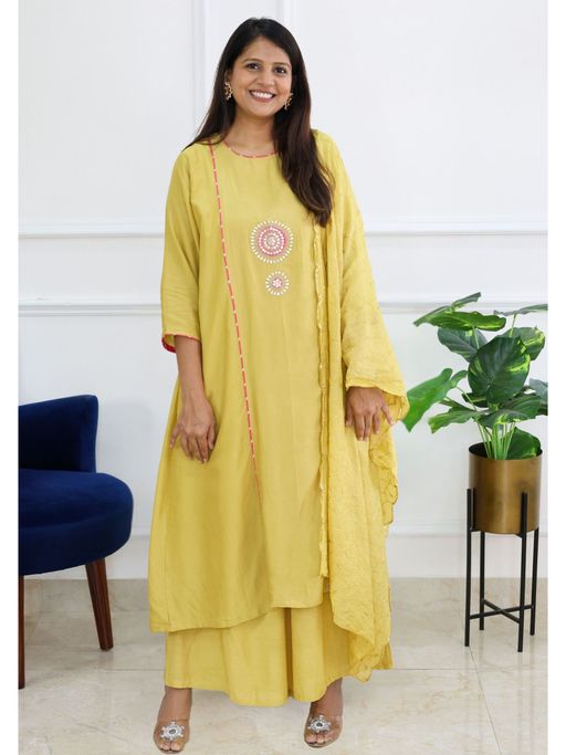 Pink Tree Mustard Silk Mirror Work Kurta with Palazzo and Dupatta