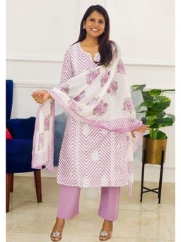 Pink Tree - Lavender Pure Cotton Block Print Kurta with Pant and Dupatta