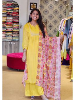 Pink Tree - Yellow Chinon Printed Anarkali with Palazzo and Dupatta