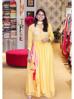 Pink Tree - Yellow Chinon Embroidered Maxi Dress