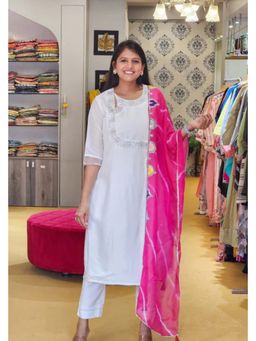 Pink Tree - White Silk Embellished/Sequined Kurta with Pant and Dupatta
