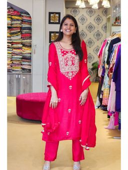 Pink Tree - Red Silk Thread Work Kurta with Pant and Dupatta
