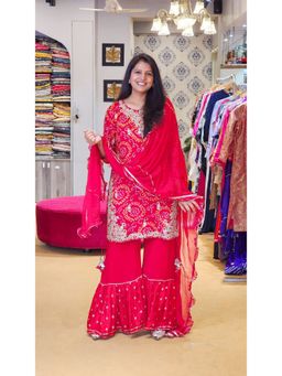 Pink Tree - Red Georgette Bandhani Kurta with Garara and Dupatta