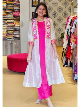 Pink Tree - Pink Chanderi Embroidered Jacket with Top with Pant