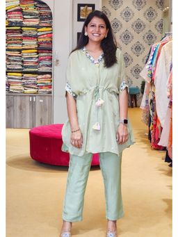Pink Tree - Green Organza Thread Work Kaftan with Pant