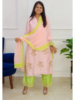 Pink Tree - Peach Silk Embroidered Top with Pant and Dupatta