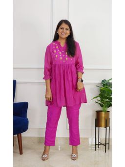 Pink Tree - Magenta Chanderi Embroidered Top with Pant Co-Ord