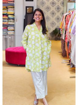 Pink Tree - Green Pure Cotton Block Print Kurta with Pant