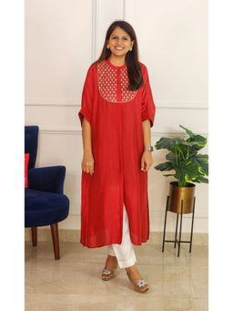 Pink Tree - Red Silk Mirror Work Kurta with Pant