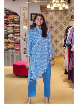 Pink Tree - Blue Pure Cotton Self Design Top with Pant Co-Ord