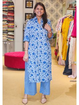 Pink Tree - Blue Pure Cotton Hand Block Kurta with Pant