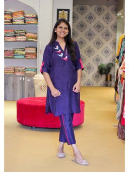 Pink Tree - Blue Silk Embroidered Kurti with Pant Co-Ord