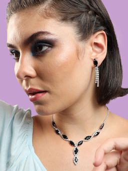 Sohi - Silver Plated White Black Stone Necklace and Earrings Set for Women