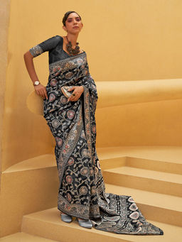 Odette - Festive Black Silk Blend Woven Saree with Unstitched Blouse