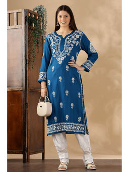 CLUB LOOM - Chikankari Chanderi Cotton Blue Kurta