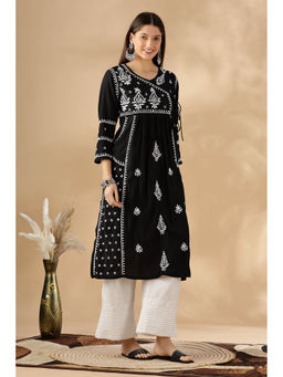 CLUB LOOM - Chikankari Chanderi Black Angrakha Kurta