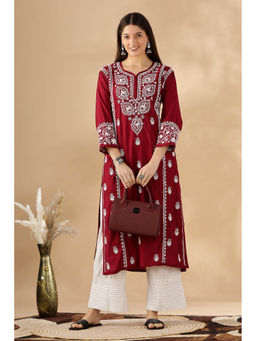 CLUB LOOM - Chikankari Chanderi Cotton Maroon Kurta