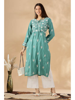 CLUB LOOM - Chikankari Chanderi Cotton Blue Kurta