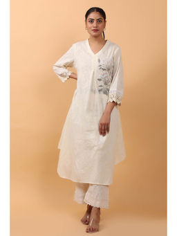 OSKOS - Ivory Embroidered Cotton V-Neck Asymmetric Kurta with Palazzo (Set of 2)