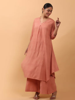 OSKOS - Elegant Peach Cotton Crape Asymmetric Embroidered Kurta with Palazzo (Set of 2)