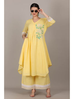OSKOS - Yellow Cotton Embroidered Rumal Cut Kurta With Palazzo (Set of 2)