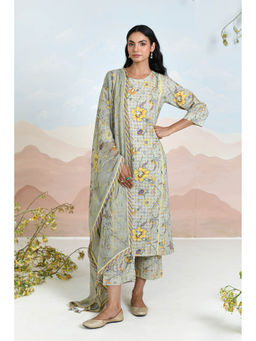 Baise Gaba - Floret Grey Kurta with Pant and Dupatta (Set of 3)