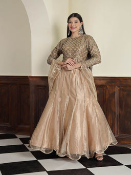 MILU MADAN - Champagne Tissue Antique Work Gold Blouse with Lehenga and Dupatta (Set of 3)