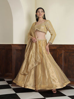 MILU MADAN - Gold Tissue Sequins Cut dana Work Blouse with Lehenga and Dupatta (Set of 3)