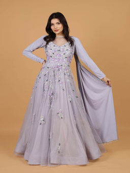 MILU MADAN - Lavender Net Sequins Embroidery Full Sleeves Gown