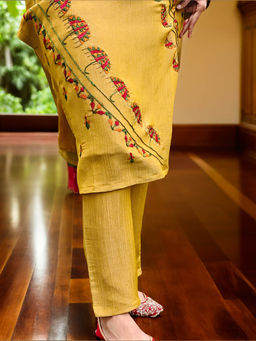 Phulkari Forever - Pure Crush Tissue Hand Embroidered Phulkari Pant - Golden Harvest Yellow