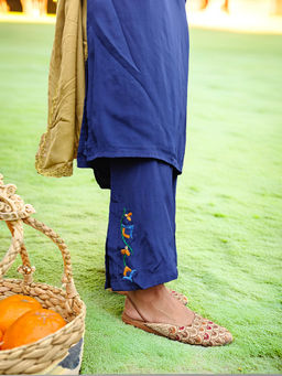 Phulkari Forever - Pure Crepe Hand Embroidered Phulkari Pant - Midnight Tide Blue