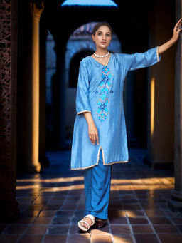 Phulkari Forever - Pure Muslin Hand Embroidered Phulkari Pant- Baby Blue