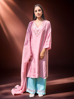 Phulkari Forever - Pure Cotton Silk Hand Embroidered Phulkari Kurta - Bushberry Breeze Pink