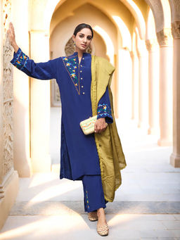 Phulkari Forever - Pure Crepe Hand Embroidered Phulkari Kurta - Midnight Tide Blue