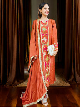 Phulkari Forever - Pure Silk Hand Embroidered Phulkari Kurta - Rust Brown Copper Empress