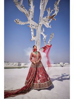 THE ROYALEUM ATELIER - Red Anarkali with Dupattas (Set of 2)