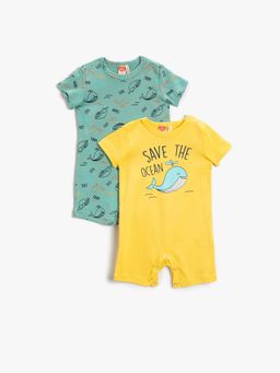 Koton - Boys Green Patterned Bodysuit And Romper (Set of 2)