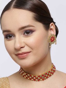 Karatcart - Gold Kunuz Kundan with Red Stone Necklace with Earrings (Set of 2)